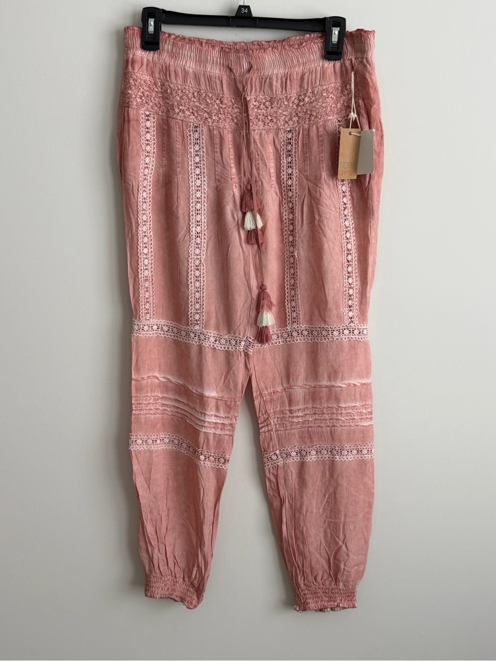 Surf Gypsy Boho Crochet and Pleating Joggers in Rose Size Medium NWT